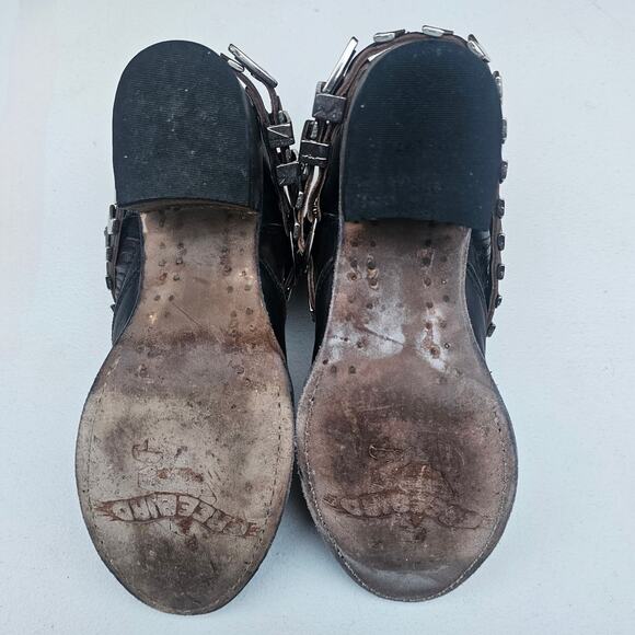 Distressed Ankle Bootie FreeBird Steven Blade Size 8 Black Brown Leather Buckle - Picture 13 of 16